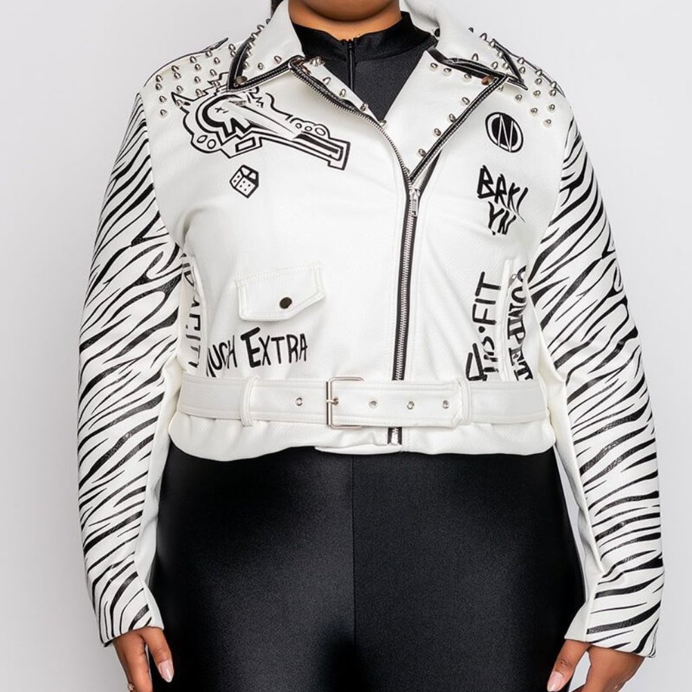 Miz Major Discorde: Zebra Winter White Moto Jacket XL - Picture 2 of 9